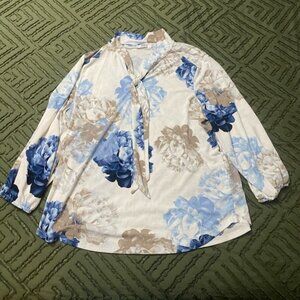 White Tie Neck Floral Print Women's Top